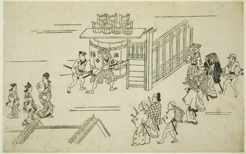 Scene in the Yoshiwara, from the series "Views of Yoshiwara" by Hishikawa Moronobu (菱川師宣), print, 1676-1689