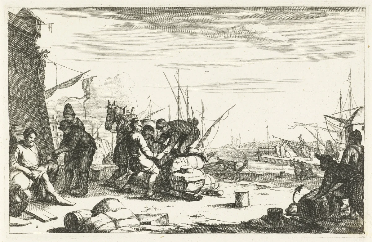 Haven met kooplieden bij trekkar by Johannes Gronsveld, print, 1679-1728