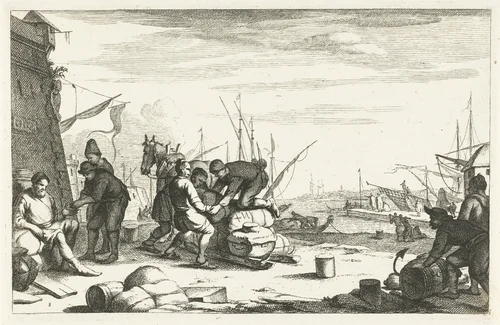 Haven met kooplieden bij trekkar by Johannes Gronsveld, print, 1679-1728
