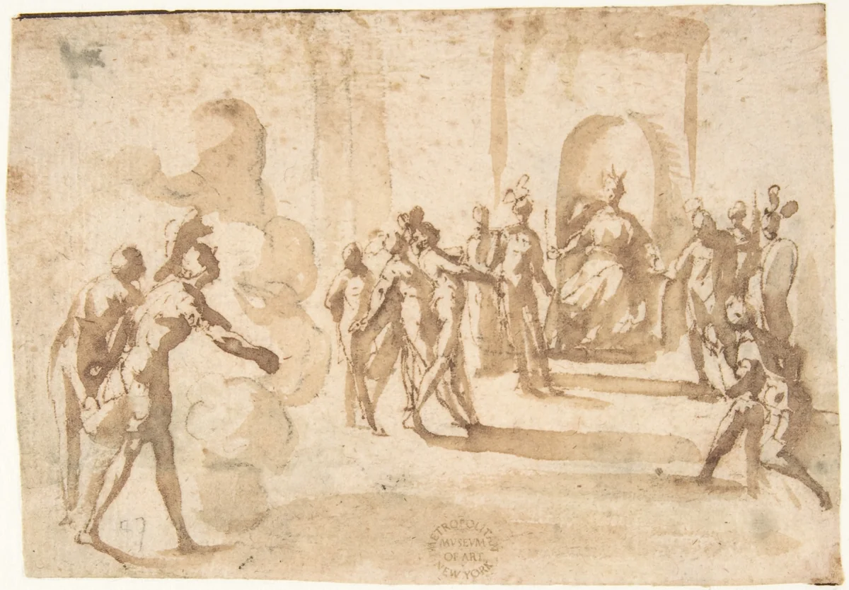 Aeneas and Achates Entering Dido's Palace in a Cloud by Francesco Allegrini, drawing, 1624-1663