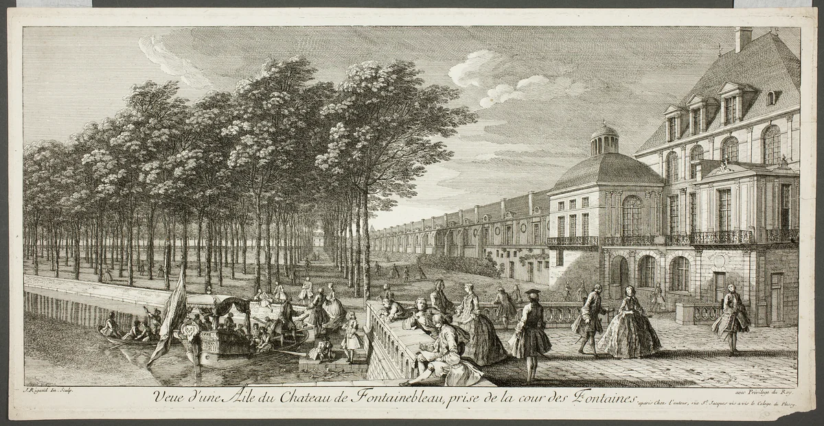View of a Wing of the Palace of Fontainebleau (Vue d'une Aile du Chateau de Fontainebleau), from the series Le Château de Fontainebleau by Jacques Rigaud, print, 1701-1754