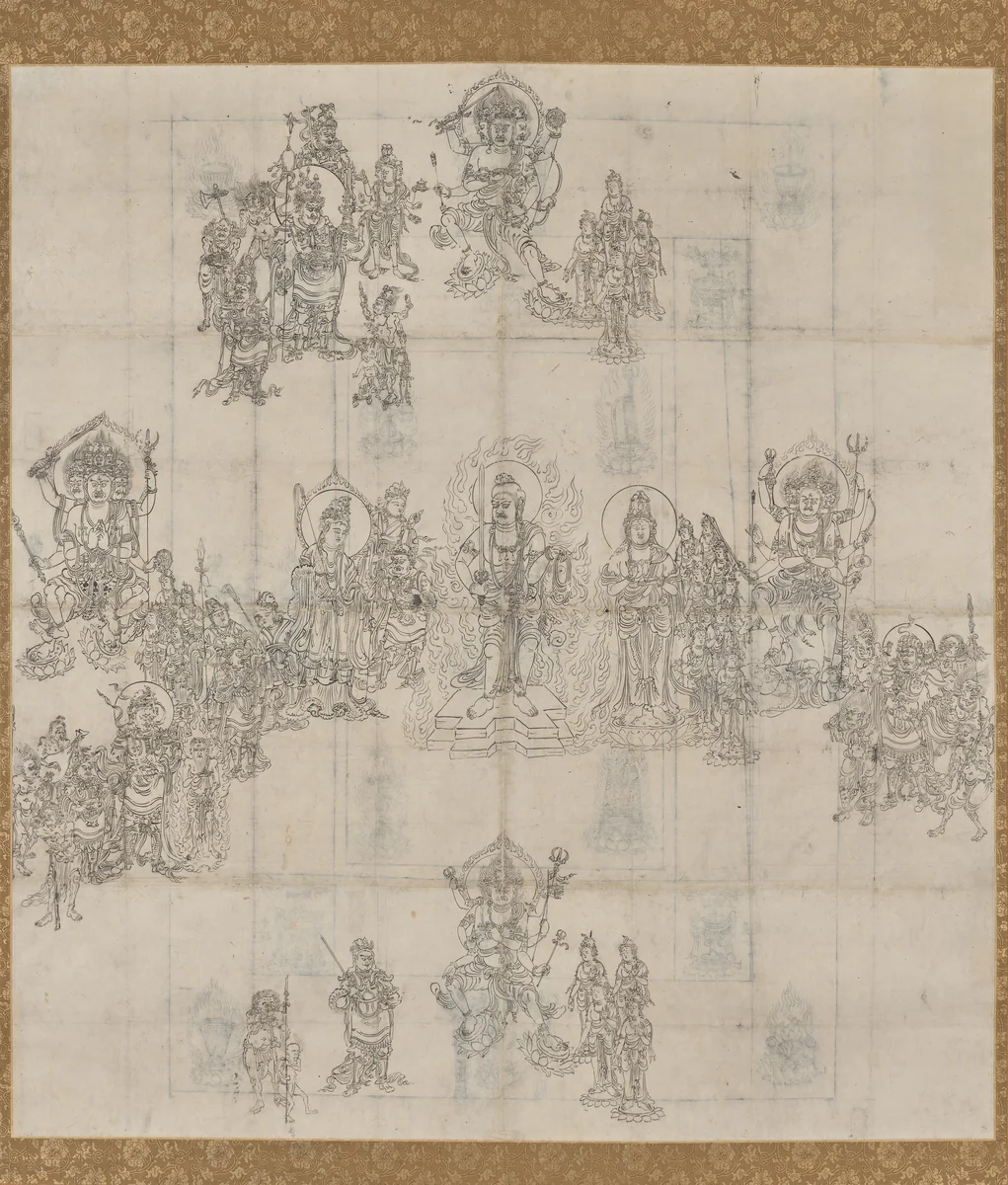 Iconographical Sketch (Zuzō) for the Benevolent Kings Sutra Mandala by Unknown, painting, 1100-1199