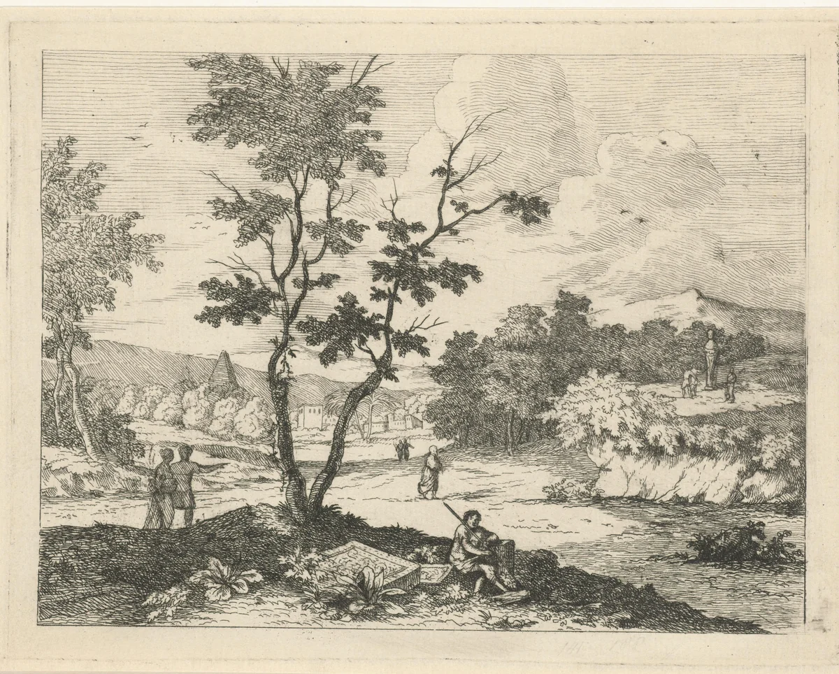 Italianiserend landschap met figuren by F.W. Musculus, print, 1750-1799