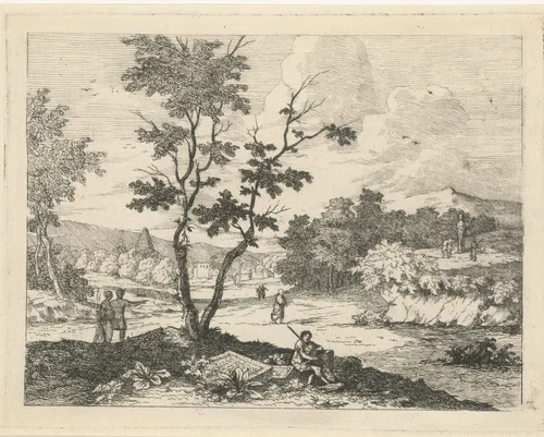 Italianiserend landschap met figuren by F.W. Musculus, print, 1750-1799