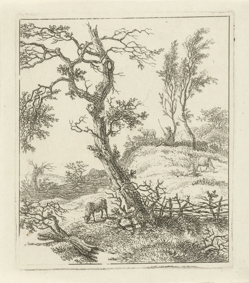 Landschap met schaapsherder op heuvel by Hermanus Fock, print, 1781-1822