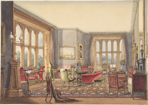Drawing Room, Guys Cliffe, Warwickshire by anonymous, drawing, 1860