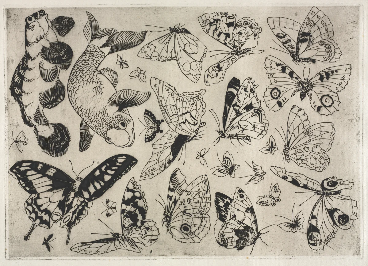 Dinner Service (Rousseau service): Butterflies and Fish (no. 16) by Félix Bracquemond, print, 1866