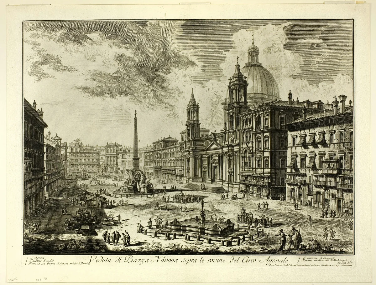 View of Piazza Navona above the ruins of the Circus of Domitian, from Views of Rome by Giovanni Battista Piranesi, print, 1750-1759