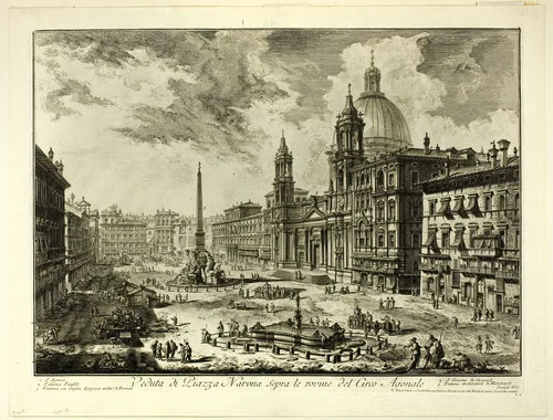 View of Piazza Navona above the ruins of the Circus of Domitian, from Views of Rome by Giovanni Battista Piranesi, print, 1750-1759