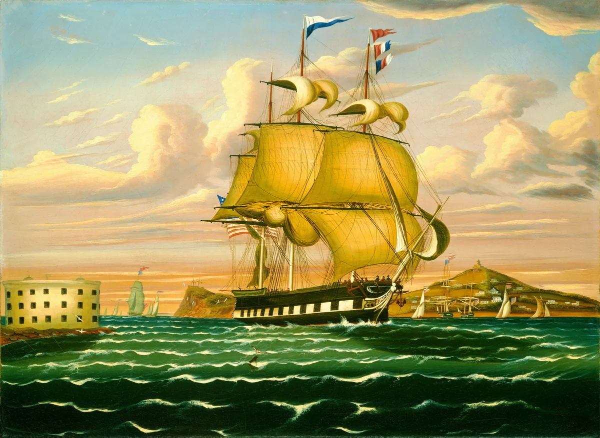 Packet Ship Passing Castle Williams, New York Harbor by Thomas Chambers, painting, 1825-1874