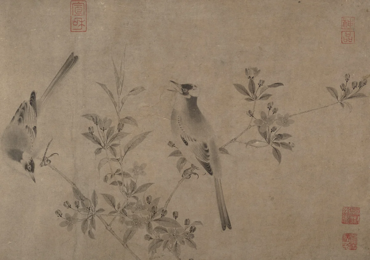 Chinese bulbuls on flowering crab apple by Unidentified Artist, painting, 1300-1399