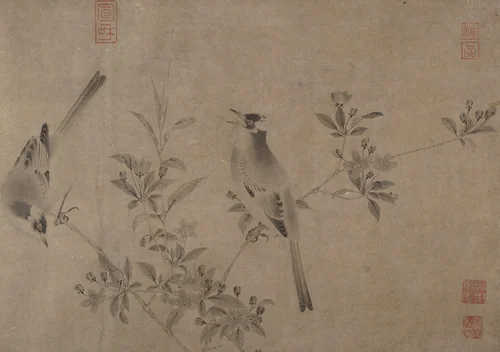 Chinese bulbuls on flowering crab apple by Unidentified Artist, painting, 1300-1399