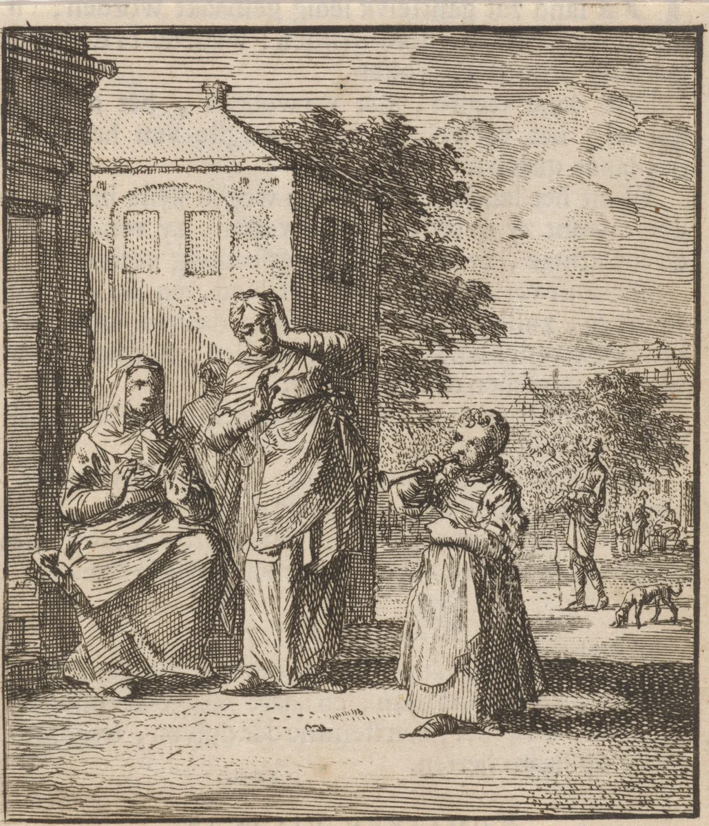 Kind blazend op een fluit by Jan Luyken, print, 1712