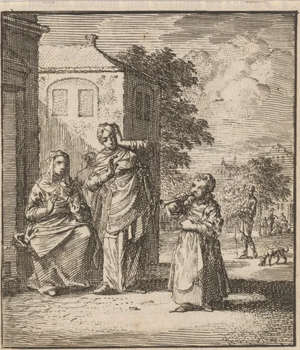 Kind blazend op een fluit by Jan Luyken, print, 1712