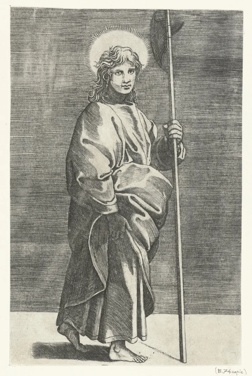 Apostel Judas Taddeüs met hellebaard by Marco Dente, print, 1517-1527