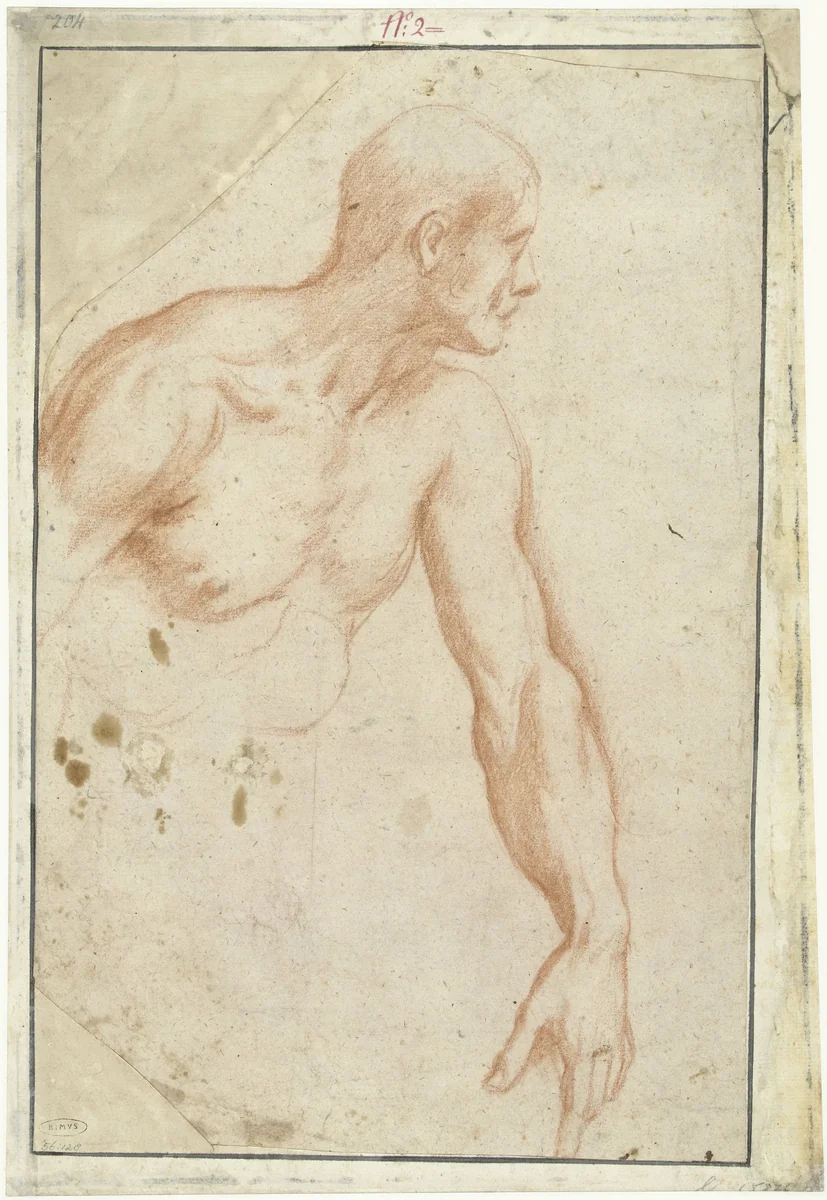Naaktstudie van een naar rechts gewende man by Pietro Sorri, drawing, 1609-1614