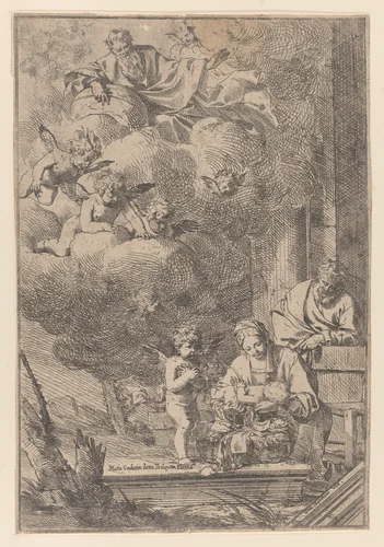 The Holy Family with the Virgin holding Christ over the cradle by Giulio Carpioni, print, 1640-1660