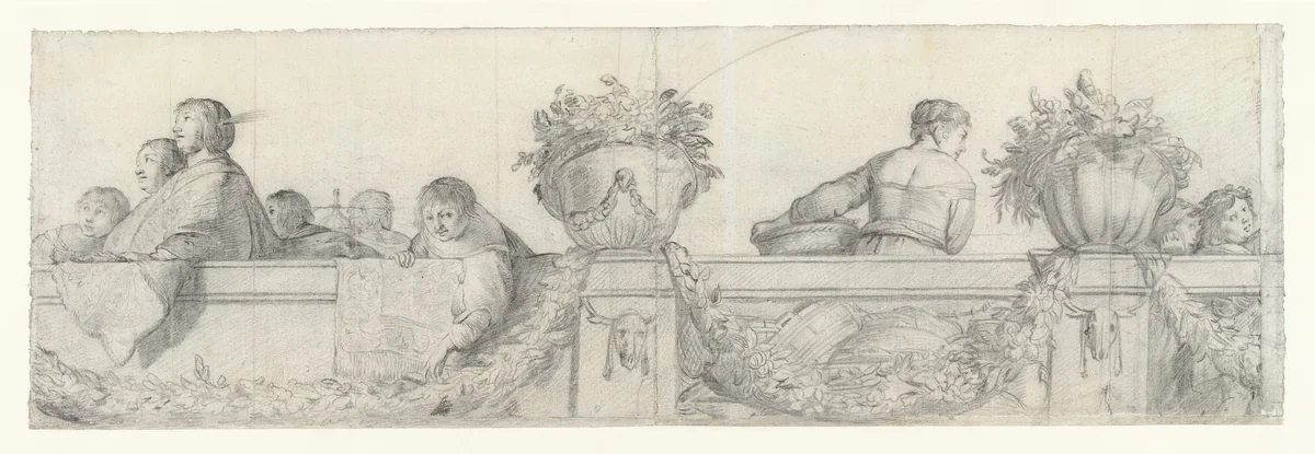 Personen op een balustrade met festoenen by Cornelis Holsteyn, drawing, 1633-1638