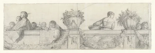 Personen op een balustrade met festoenen by Cornelis Holsteyn, drawing, 1633-1638