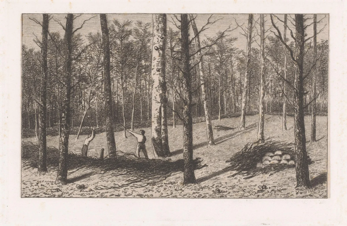 Houthakkers werken in het bos by Adrien Le Mayeur, print, 1854-1911
