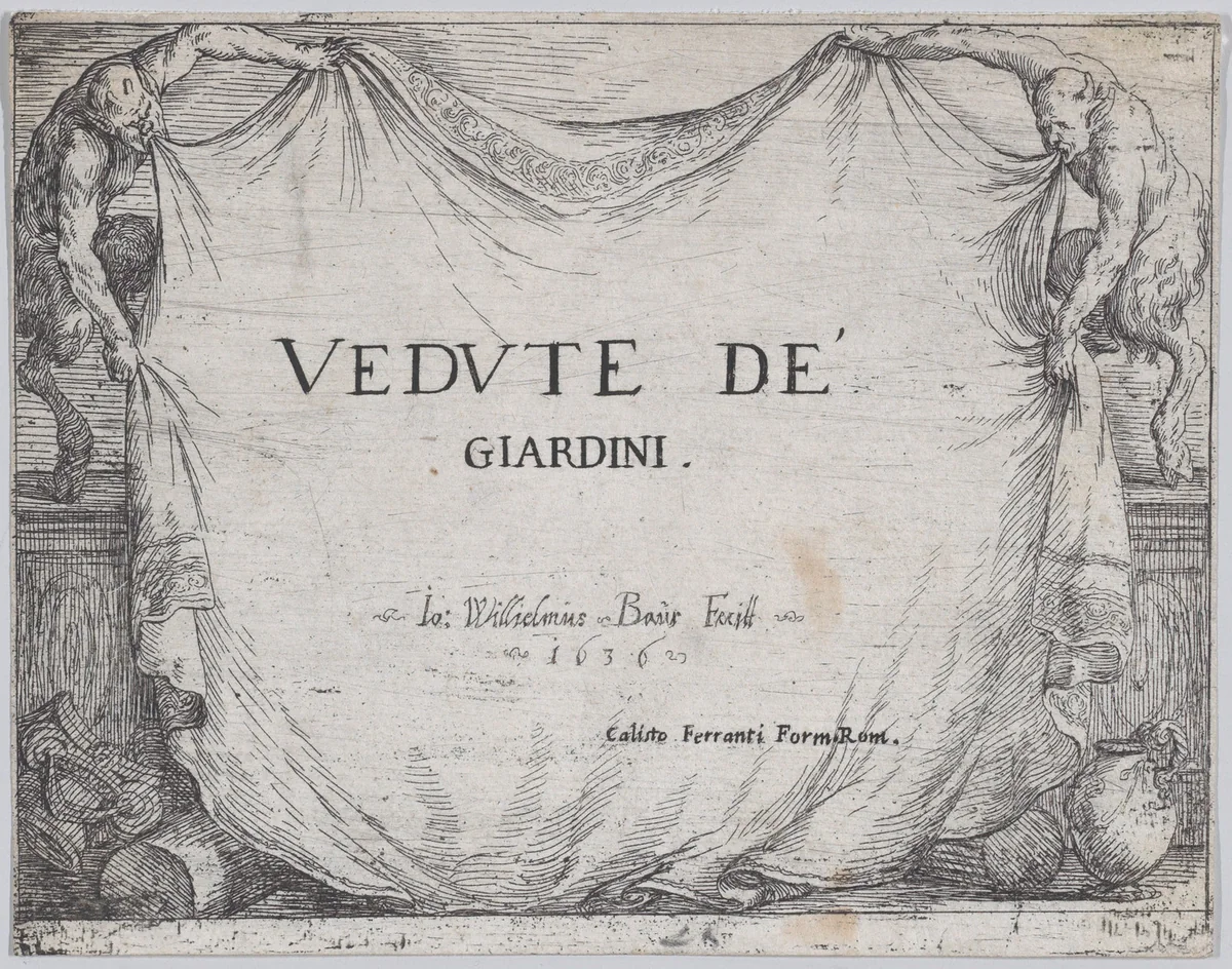 Title page of 'Views of Gardens' (Vedute de' Giardini) by Johann Wilhelm Baur, print, 1636