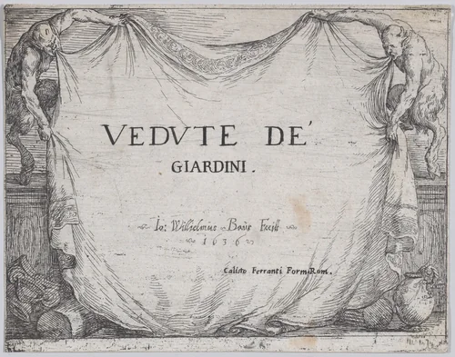 Title page of 'Views of Gardens' (Vedute de' Giardini) by Johann Wilhelm Baur, print, 1636