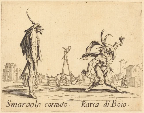 Smaralo Cornuto and Ratsa di Boio by Jacques Callot, print, 1622