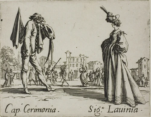 Capitano Cerimonia - Signora Lavinia, plate 3 from Balli di Sfessania by Jacques Callot, print, 1617-1627