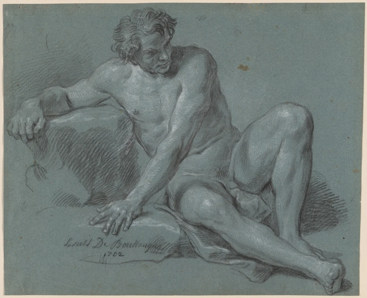 Male Nude Seated on the Ground by Louis de Boullogne, drawing, 1654-1733