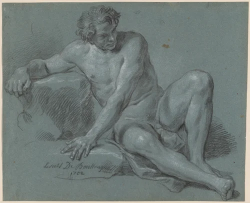 Male Nude Seated on the Ground by Louis de Boullogne, drawing, 1654-1733