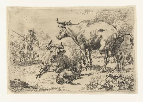 Liggende en een pissende koe by Nicolaes Pietersz Berchem, print, 1630-1683