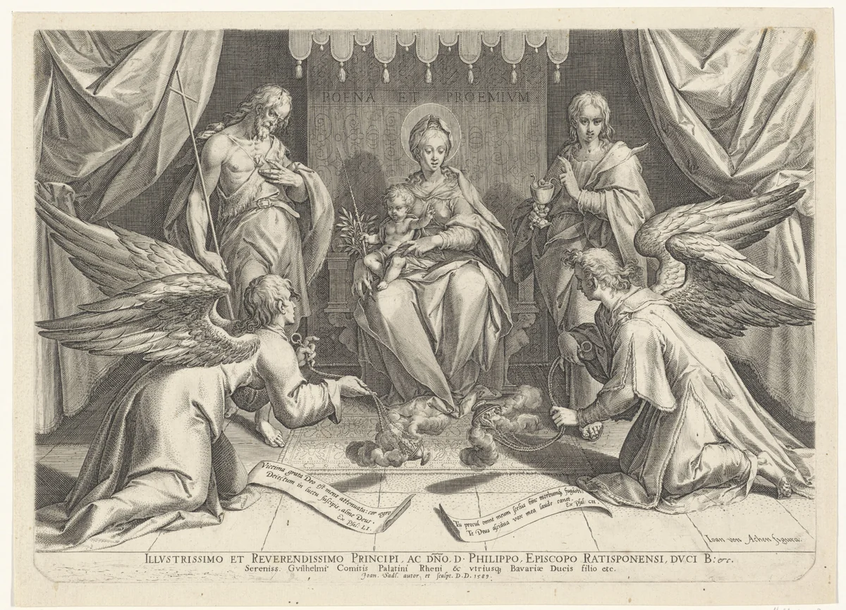 Getroonde Maria en het Christuskind, met twee heiligen by Unknown, print, 1589