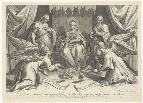 Getroonde Maria en het Christuskind, met twee heiligen by Unknown, print, 1589