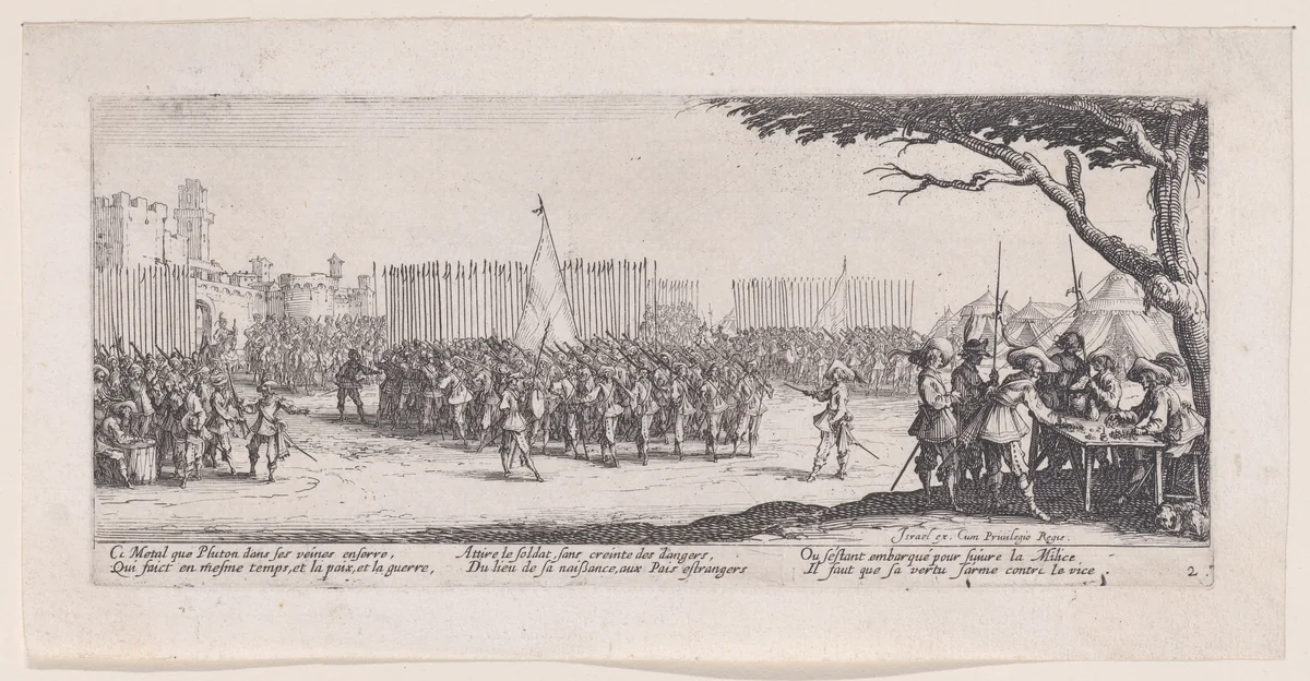 L'Enrolement des Troupes (The Enlistment of Troops), from Les Misères et les Mal-Heures de la Guerre (The Miseries and Misfortunes of War), plate 2 by Jacques Callot, print, 1633