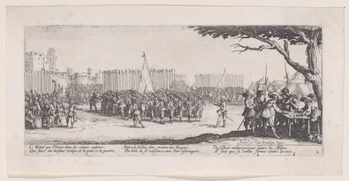 L'Enrolement des Troupes (The Enlistment of Troops), from Les Misères et les Mal-Heures de la Guerre (The Miseries and Misfortunes of War), plate 2 by Jacques Callot, print, 1633