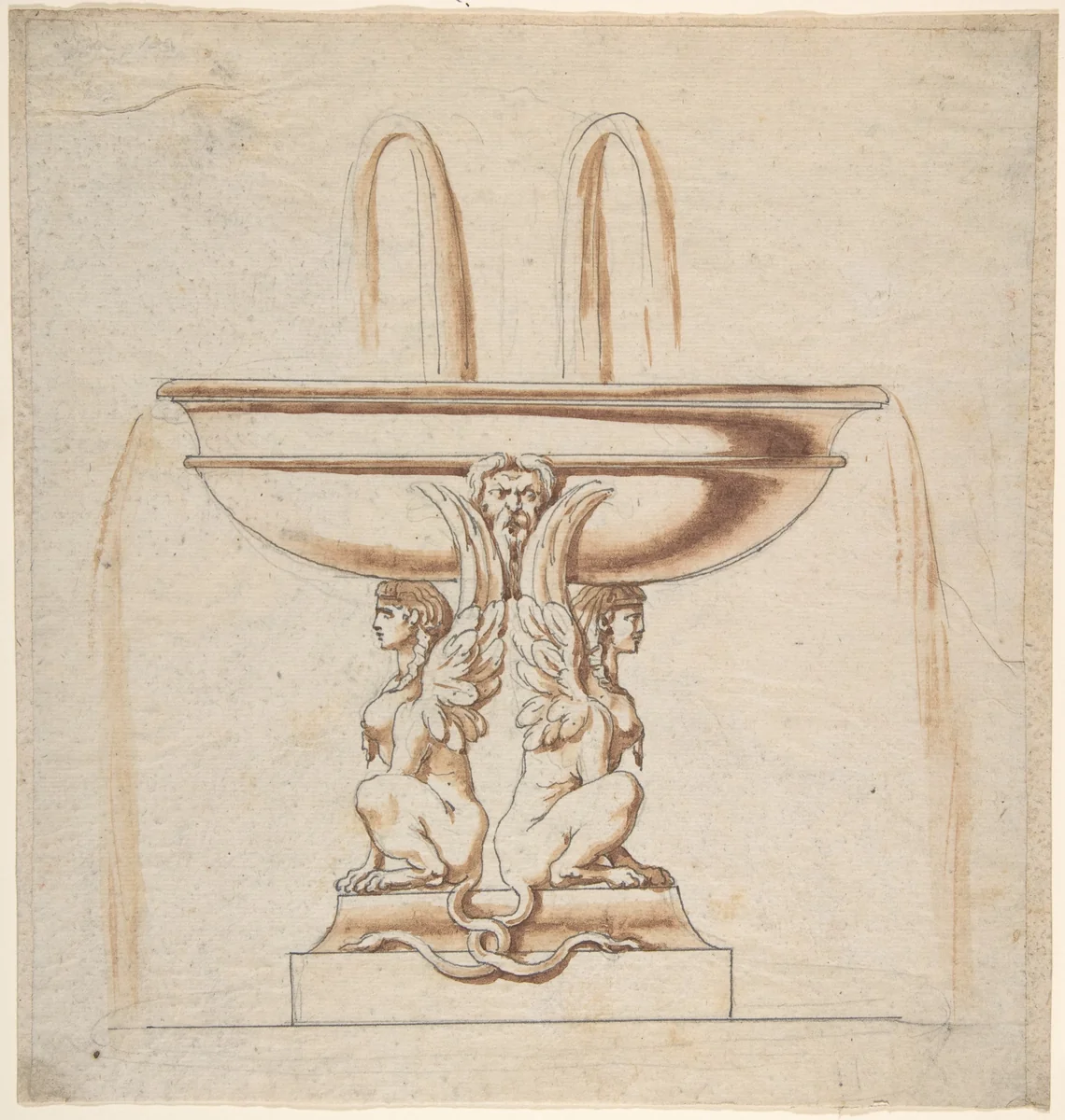 Design for a Fountain: Bowl Supported by Two Sphynxes by anonymous, drawing, 1700-1800
