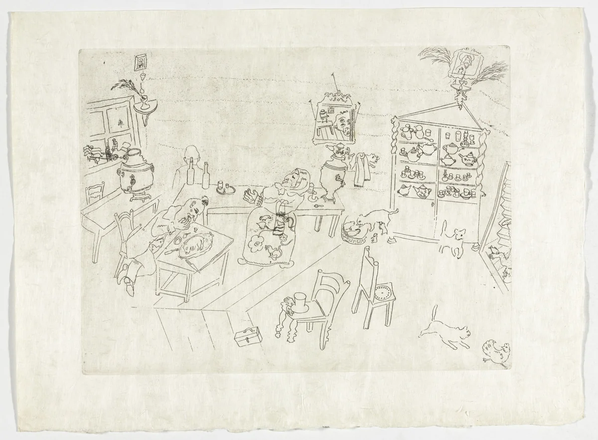 Meal in the Tavern (Repas dans le traktir), plate XXI (supplementary suite) from Les Âmes mortes by Marc Chagall, illustrated book, 1923