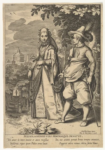 Mediolanensis Viri Feminaeque Ornatus, from Fashions of Different Nations by Pieter de Jode, print, 1580-1634