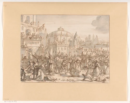 Cambyses doodt Apis by Jan Luyken, drawing, 1659-1712