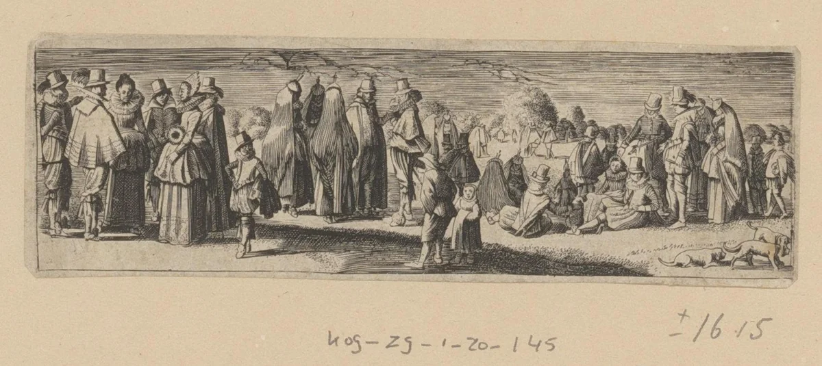 Staande en zittende elegante paren by anonymous, print, 1603-1652