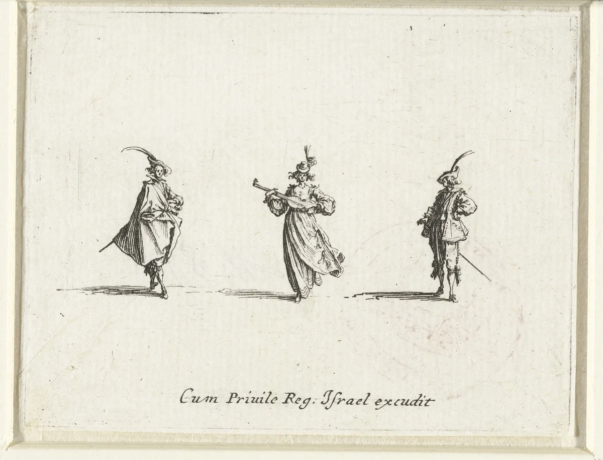 Dame, gitaar spelend, van voren gezien, tussen twee heren by Jacques Callot, print, 1633-1635