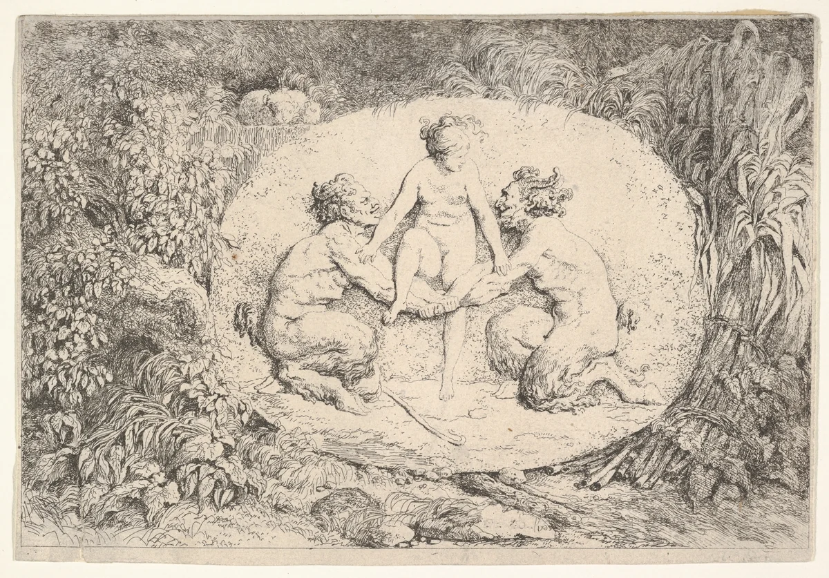 Nymph Supported by Two Satyrs, from "Four Bacchanalia" (Quatre Bacchanales) by Jean Honoré Fragonard, print, 1763