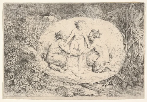 Nymph Supported by Two Satyrs, from "Four Bacchanalia" (Quatre Bacchanales) by Jean Honoré Fragonard, print, 1763