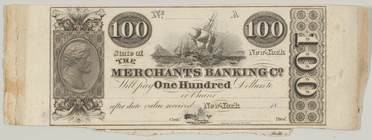 Proof of one side of a New York Merchants Banking Company 100 Dollar Bill by Asher Brown Durand, print, 1824-1827