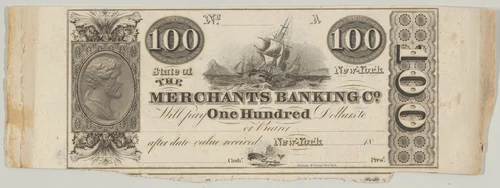 Proof of one side of a New York Merchants Banking Company 100 Dollar Bill by Asher Brown Durand, print, 1824-1827