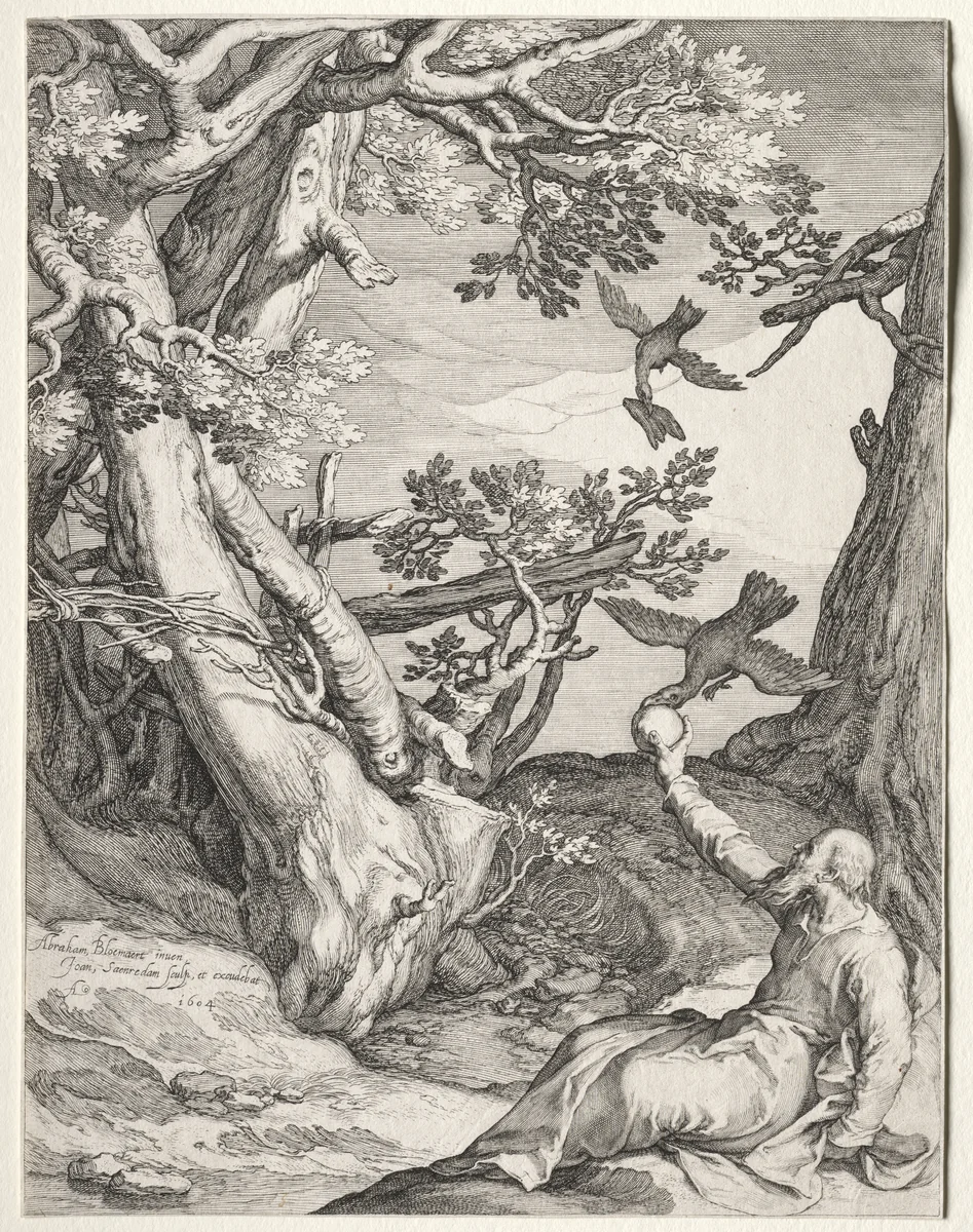 Elijah in the Wilderness Fed by Ravens by Jan Saenredam, print, 1604