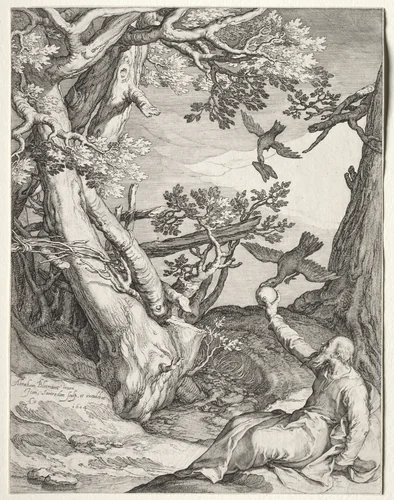 Elijah in the Wilderness Fed by Ravens by Jan Saenredam, print, 1604