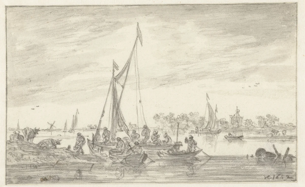 Riviergezicht met vissersboten by Jan van Goyen, drawing, 1652