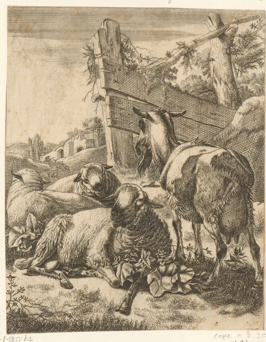 Staande geit en drie liggende schapen by anonymous, print, 1670