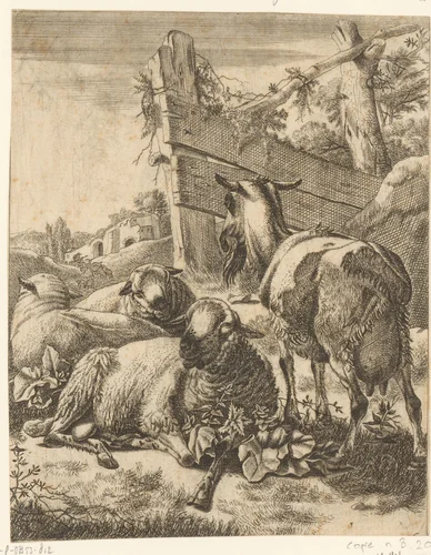 Staande geit en drie liggende schapen by anonymous, print, 1670